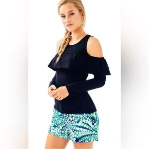 Lilly Pulitzer Burke Onyx Metallic Black Sweater Cold Shoulder Ruffle Top Size M